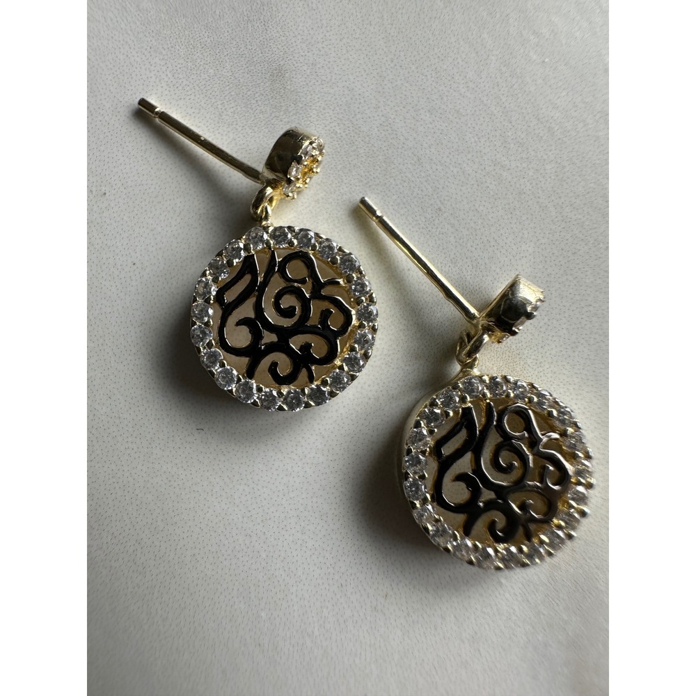 925 Sterling Silver Gold Tone CZ Black Scroll Filigree Round Drop‎ Earrings DEL
